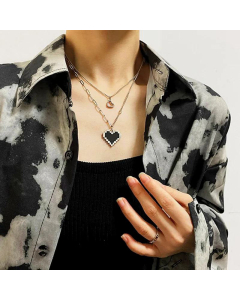 Double Layer Twin Necklace 18K Gold-Plated Ins Entry-lux Black Mosaic Heart Necklace For Women