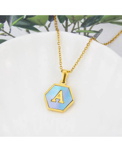 Fashion Hexagonal Blue Shell 26 Alphabet Letter Pendant Stainless Steel Necklace Wholesale jewelry