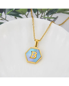 Fashion Hexagonal Blue Shell 26 Alphabet Letter Pendant Stainless Steel Necklace Wholesale jewelry