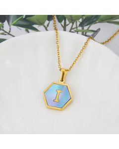 Fashion Hexagonal Blue Shell 26 Alphabet Letter Pendant Stainless Steel Necklace Wholesale jewelry