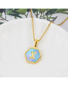 Fashion Hexagonal Blue Shell 26 Alphabet Letter Pendant Stainless Steel Necklace Wholesale jewelry