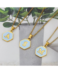 Fashion Hexagonal Blue Shell 26 Alphabet Letter Pendant Stainless Steel Necklace Wholesale jewelry