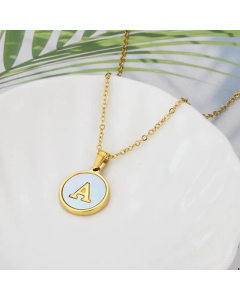 26 English Letter Pendant Simple Style Round Blue Shell Titanium Steel Necklace-A