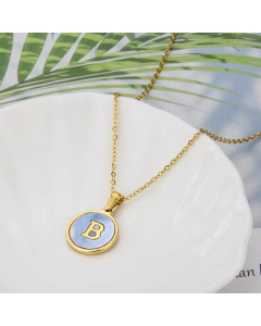 26 English Letter Pendant Simple Style Round Blue Shell Titanium Steel Necklace-B