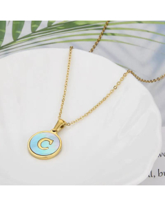 26 English Letter Pendant Simple Style Round Blue Shell Titanium Steel Necklace-C