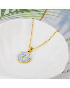 26 English Letter Pendant Simple Style Round Blue Shell Titanium Steel Necklace-D