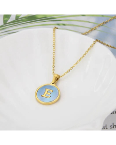 26 English Letter Pendant Simple Style Round Blue Shell Titanium Steel Necklace-E