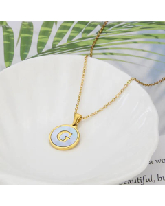 26 English Letter Pendant Simple Style Round Blue Shell Titanium Steel Necklace-G