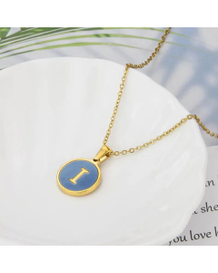 26 English Letter Pendant Simple Style Round Blue Shell Titanium Steel Necklace-I