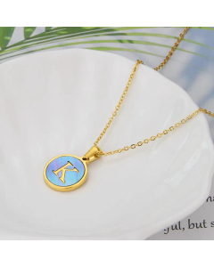26 English Letter Pendant Simple Style Round Blue Shell Titanium Steel Necklace-K