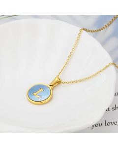 26 English Letter Pendant Simple Style Round Blue Shell Titanium Steel Necklace-L