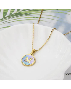 26 English Letter Pendant Simple Style Round Blue Shell Titanium Steel Necklace-M