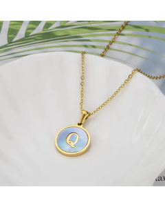 26 English Letter Pendant Simple Style Round Blue Shell Titanium Steel Necklace-Q
