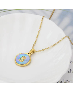 26 English Letter Pendant Simple Style Round Blue Shell Titanium Steel Necklace-S