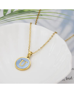 26 English Letter Pendant Simple Style Round Blue Shell Titanium Steel Necklace-U