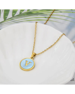 26 English Letter Pendant Simple Style Round Blue Shell Titanium Steel Necklace-V
