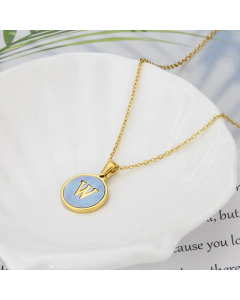 26 English Letter Pendant Simple Style Round Blue Shell Titanium Steel Necklace-W