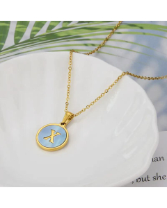26 English Letter Pendant Simple Style Round Blue Shell Titanium Steel Necklace-X