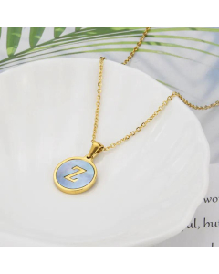 26 English Letter Pendant Simple Style Round Blue Shell Titanium Steel Necklace-Z