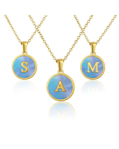 26 English Letter Pendant Simple Style Round Blue Shell Titanium Steel Necklace