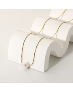 Simple 14K Plated Single Pearl Pendant Necklace Stainless Steel