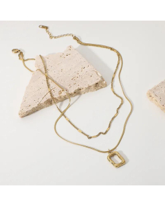Retro 14K Gold Stainless Steel Hollow Square Pendant Necklace
