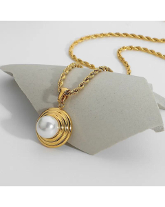 Fashion Gold Plated Stainless Steel Round Tire Pattern Pearl Pendant Necklace