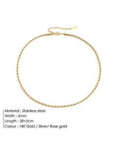 New 14K Gold Plated Stainless Steel Fashion Twist Chain Necklace-Gold Color-38cm-3mm
