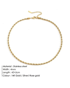 New 14K Gold Plated Stainless Steel Fashion Twist Chain Necklace-Gold Color-42cm-4mm