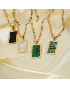Malachite Shell Pendant Stainless Steel Rectangular Necklace