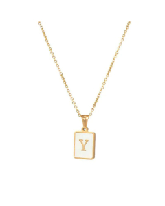 Trendy Letter Rectangular Shell Necklace 18K Gold Stainless Steel-Y