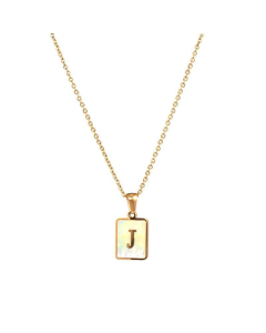Trendy Letter Rectangular Shell Necklace 18K Gold Stainless Steel-J