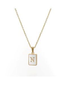 Trendy Letter Rectangular Shell Necklace 18K Gold Stainless Steel-N
