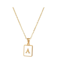 Trendy Letter Rectangular Shell Necklace 18K Gold Stainless Steel-A