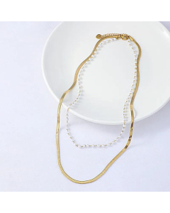 Fashion Golden Double Layer Stainless Steel Snake Bone Pearl Necklace