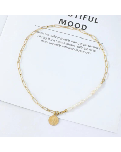 Vintage Embossed Portrait Stainless Steel Gold Coin Pearl Pendant Necklace