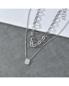 Korean Double-Layer Square With Letter Stainless Steel Necklace