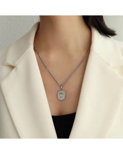Fashion Flower Titanium Steel Gold Coin Necklace Set-Steel Color-01