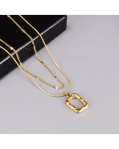 Fashion Double Layered Stainless Steel Hollow Square Pendent Necklace