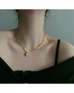 Retro Golden Lock Pin Chain Stainless Steel Necklace