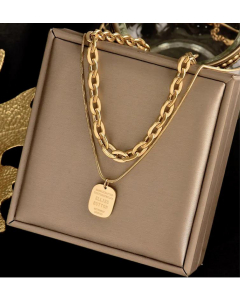 Double Layered Square With Letters Pendent Titanium Steel Necklace