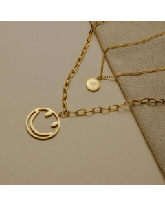Double Layered Hollow Smiley Face Stainless Steel Round Letters  Necklace