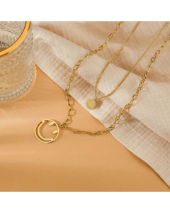 Double Layered Hollow Smiley Face Stainless Steel Round Letters  Necklace