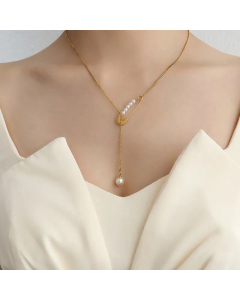 Imitation Pearl Pin Tassel Pendant Necklace Titanium Steel 