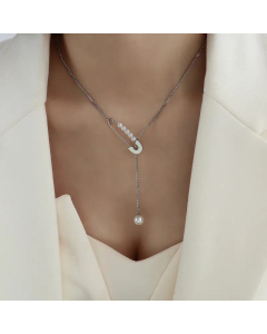 Imitation Pearl Pin Tassel Pendant Necklace Titanium Steel 