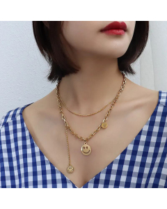 French Style Smiley Face Tassel Stainless Steel English Round Card Necklace