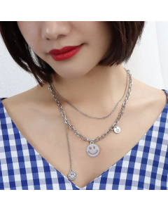 French Style Smiley Face Tassel Stainless Steel English Round Card Necklace