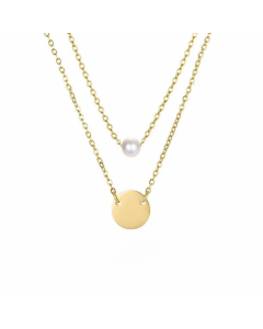 Female Double Layer Pearl Necklace Stainless Steel Round Pendant 