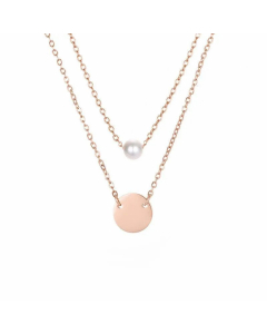 Female Double Layer Pearl Necklace Stainless Steel Round Pendant 