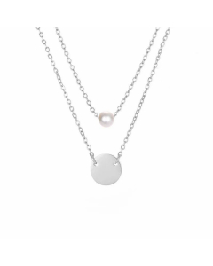 Female Double Layer Pearl Necklace Stainless Steel Round Pendant 